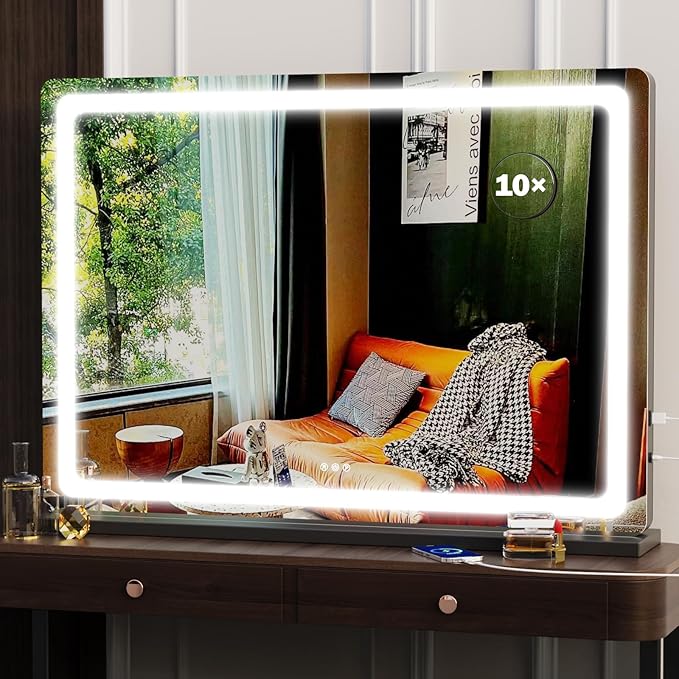 Makeup Vanity Mirror with USB Charging Port 28" x 22" Large LED Makeup Mirror, Desk Mirorr with Lights, Light up Mirror with 10X Magnification, Dimmable 3 Modes, Touch Screen Control Black