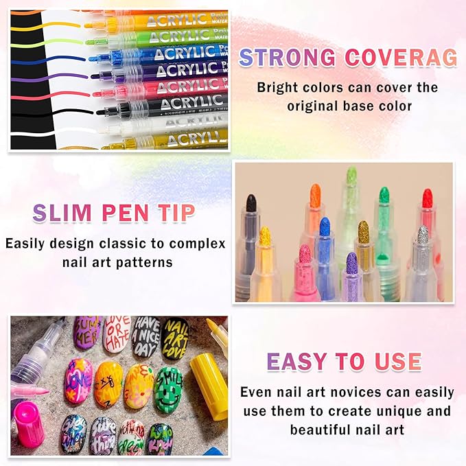 24 Colors Nail Art Pens Set Nail Polish Pens Nail Art Drawing Graffiti Marker Pen Quick Dry Waterproof Nail Art Painting Pens Kit for Home DIY Nail Art Design