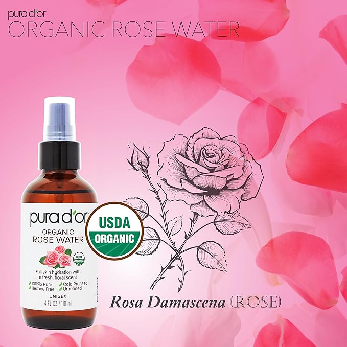 PURA D'OR 4 Oz Organic Rose Water Toner - USDA Certified 100% Pure Full Skin Hydration, Control Excess Oils- Cleanses & Softens - Promotes Healthy Skin - for All Skin Types (Packaging May Vary)
