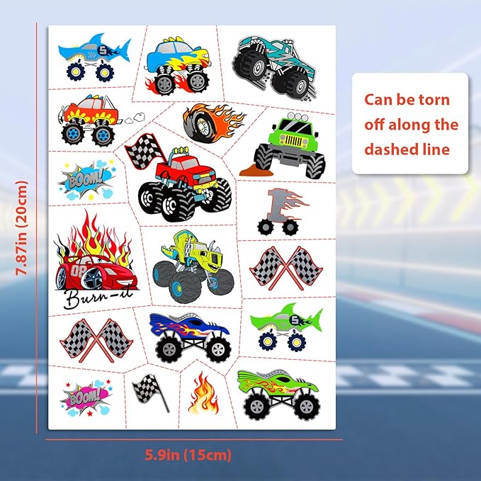 75PCS Toddler Tattoos Hot Wheel Birthday Decorations Hot Wheels Party Favors, Kids Tattoos Temporary for Boys Monster Truck Tattoo Halloween Tattoo Racing Car Flag Stickers