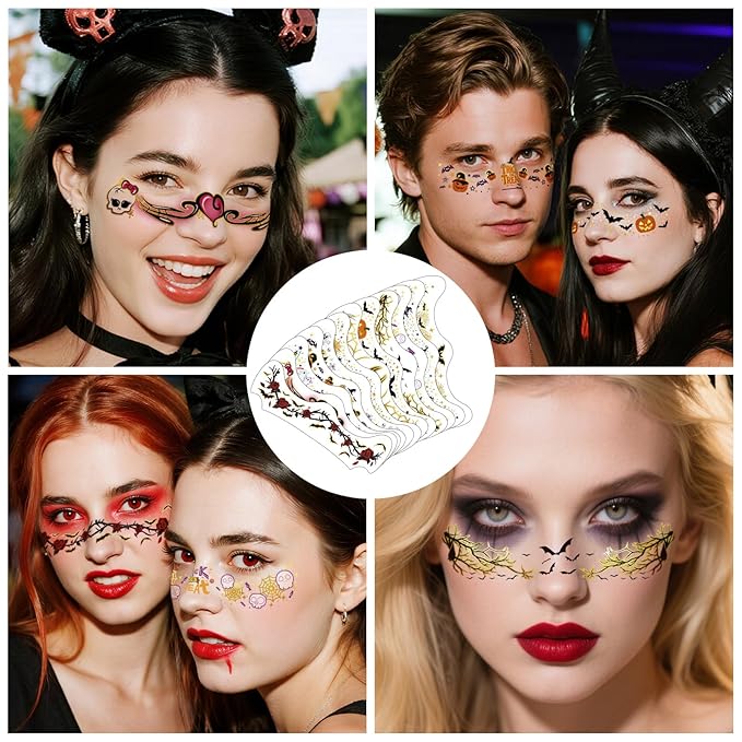 12 Sheets Halloween Face Temporary Tattoo, Ghost Skull Witch Bat Spider Pumpkin Rose Waterproof Fake Tattoos Face Makeup Freckles Patches For Women Girls Halloween Festival Party Supply