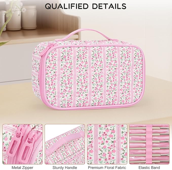 Relavel Cute Makeup Bag for Girls, Portable Pink Cosmetic Bag, Dual-layer Makeup Pouch with Brush Holder, Multi-Functional Preppy Toiletry Organizer for Travel, Daily Use - Pink Flower