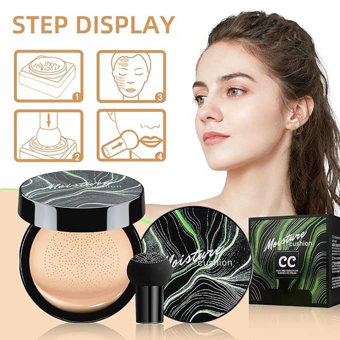 Mushroom Head Air Cushion CC Cream - BB Cream Foundation Makeup Moisturizing Concealer Long-Lasting, Cushion Foundation Full Coverage Self Adjusting for Mature Skin & All Skin Types （Medium Deep)