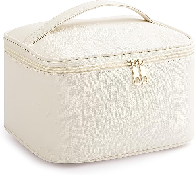 Makeup Bag for Women, Large Travel Makeup Bag Organizer, Portable Toiletry Bag, Cute Makeup Bags Waterproof Leather Cosmetic Bag Makeup Case with Removable Dividers, Beige