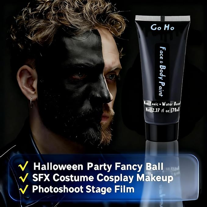 Go Ho Black Face Body Paint Washable(2.37oz/pc),Water Based Cream Face Paint,Skull Skeleton Zombie Clown Makeup,Black Body Paint for SFX Cosplay Costumes Festivals Halloween Makeup