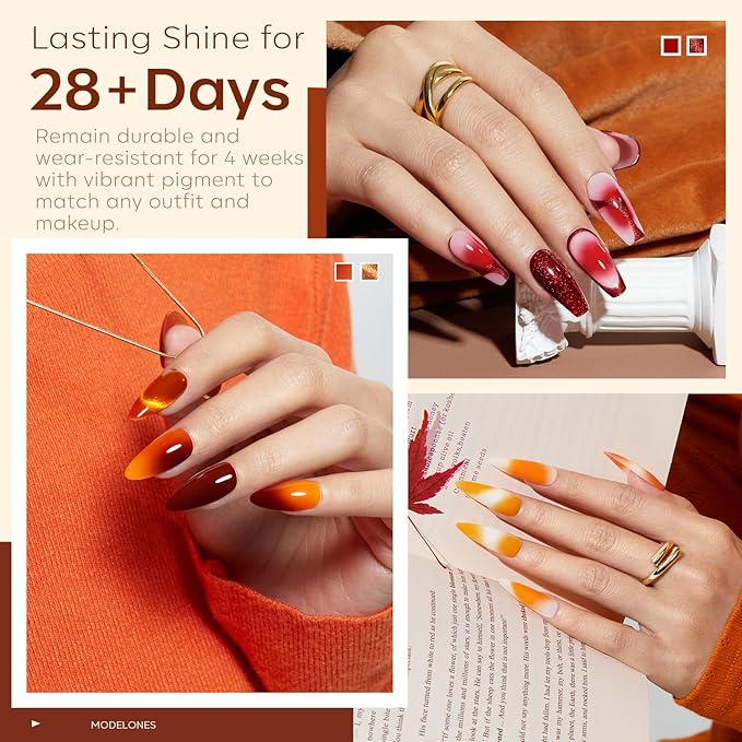 modelones 32 PCS Fall Gel Nail Polish Set, 28 Colors Gel Polish with No Wipe Base Coat, Glitter & Glossy & Matte Top Coat Yellow Orange Brown Nude Glitter Soak Off LED Nail Art Kit Salon at Home