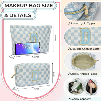 2PCS Checkered Makeup Bag for Women Personalized Initial Letter Makeup Bag Travel Toiletry Bag Organizer Cute Makeup Brushes Storage Bag Mother's Day Birthday Gift for Women (Blue D)