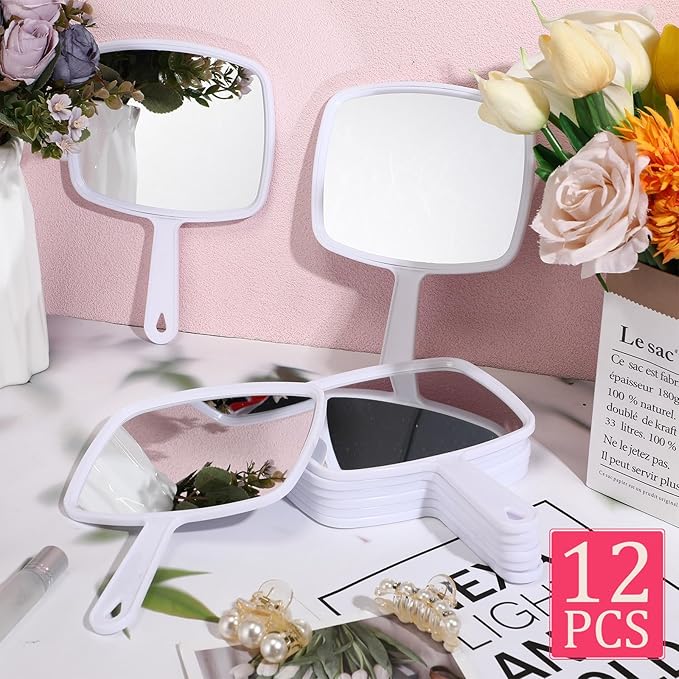 Geetery 12 Pcs Hand Mirror Handheld Makeup Mirrors with Handle Wall Mount for Cosmetic Bathroom Home Barber Salon Travel Portable Beauty School Gift for Women Student 6.69 x 9.45 Inch(White)