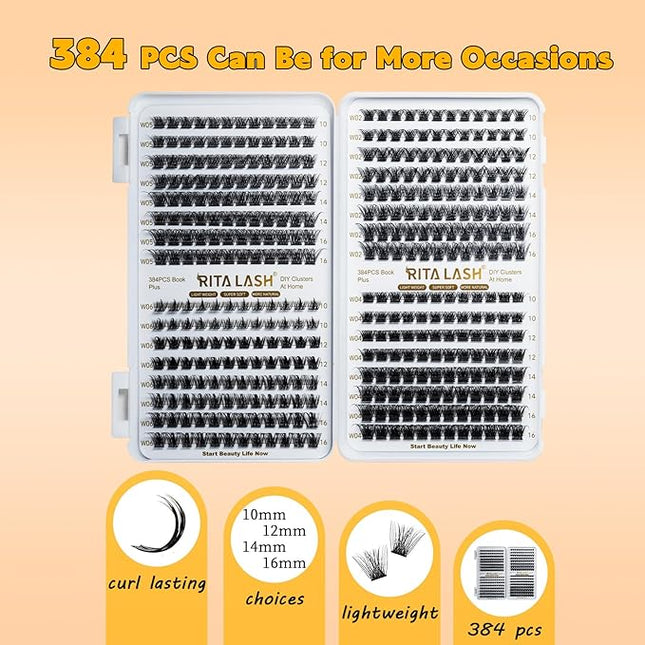 Lash Clusters 384pcs 4 Style DIY Cluster Lashes Clusters Eyelash Extensions 10-16mm False Eyelashes Individual Lashes Wispy Lash Extension Natural Look(W02+W04+W05+W06 Lashes)