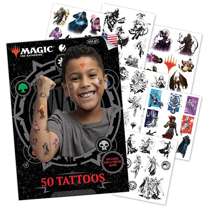 Savvi - 50 Magic the Gathering Temporary Tattoos: Skin-Safe Ink, Great for Birthday Parties, Gifts for Boys and Girls Ages 4-12+, Made in the USA [6 sheets, 50 count]