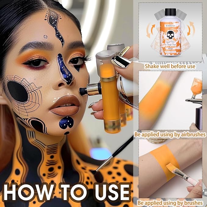 BOBISUKA Orange Face Body Paint Liquid Texture Washable Non Toxic Facepaint Fast Drying Foundation Makeup for or Halloween Pumpkin Cosplay SFX Costume Party Large Capacity(130ml)