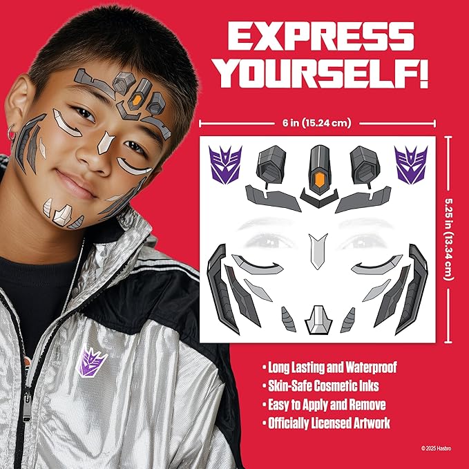 Transformers Costume Face Tattoos – Temporary Tattoo Set for Kids Featuring Optimus Prime, Bumblebee & More, Easy Halloween Costume Accessory, Non-Toxic & Skin-Safe
