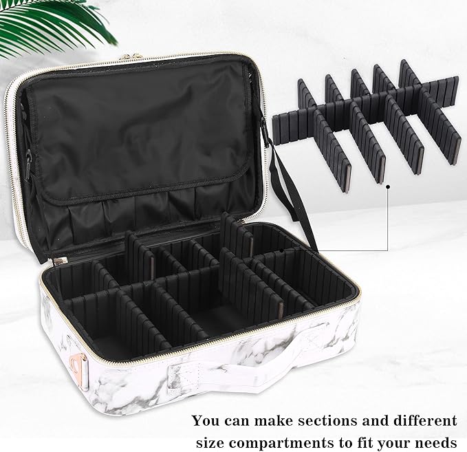 JOURMON Travel Makeup Case 3 Layers Makeup Train Case Marble Makeup Bag Organizer Portable Artist Storage Bag with Adjustable Dividers and Shoulder Strap (Marble white)