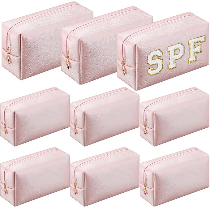 Sanwuta 9 Pcs Makeup Bags Bulk PU Double Zippers Cosmetic Bag Makeup Toiletry Pouch Portable Travel Organizers Case for Women Bachelorette Party End of The Year Bridesmaid Gift(Rose Gold)