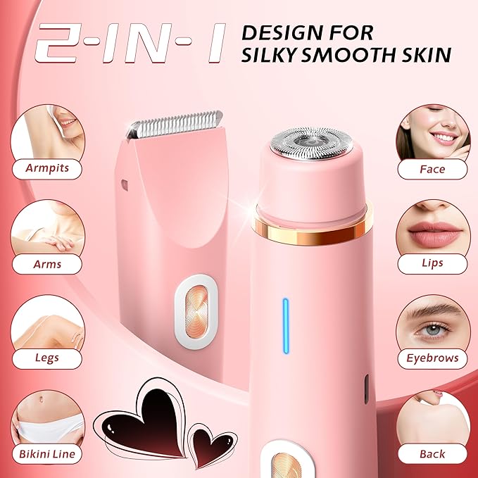 2-in-1 Women’s Electric Razor & Bikini Trimmer - Painless Pubic Hair Shaver, IPX7 Waterproof Wet/Dry Use for Bikini Area, Legs, Face, Underarms (Pink)