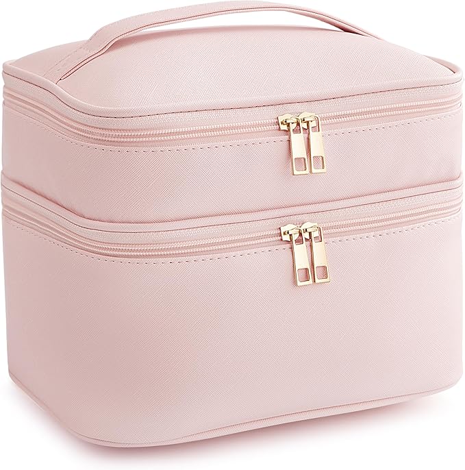Makeup Bag for Women X-Large Travel Makeup Bag Organizer Portable Toiletry Bag Cute Makeup Bags Waterproof Leather Cosmetic Bag Makeup Case with Removable Dividers, Pink