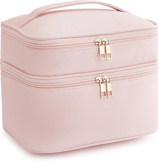 Makeup Bag for Women X-Large Travel Makeup Bag Organizer Portable Toiletry Bag Cute Makeup Bags Waterproof Leather Cosmetic Bag Makeup Case with Removable Dividers, Pink
