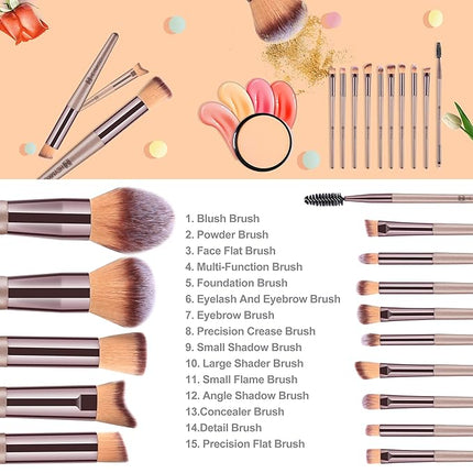 HEYMKGO Makeup Brushes 15PCS Champagne Gold Professional Makeup Brush Set Foundation Brush Blending Powder Blush Concealer Eye Make Up Brush with Bag