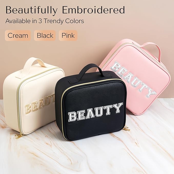 Makeup Bag with LED Mirror – Travel Cosmetic Organizer with Lighted Mirror, Adjustable Dividers & Brush Holder Storage – Portable PU Leather Makeup Case for Women & Girls - Cream
