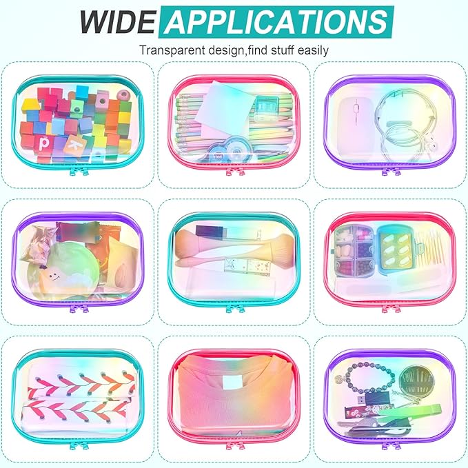 Sanwuta 6 Pcs Clear Hard Zipper Case Pencil Pouches Hard Plastic Zipper Pouches Makeup Bag Transparent Cases for Snacks Plastic Storage Organizer Box for Travel(Holographic,7.87 x 5.9 x 2 Inch)
