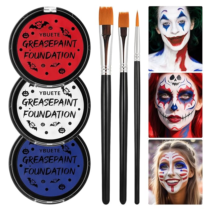 Red White Blue US Flag Oil Based Face Paint Kit with Painting Brushes, Full Coverage Greasepaint for 4th of July USA Independence Day America's Patriotic Veterans Events,Halloween Joker Cosplay