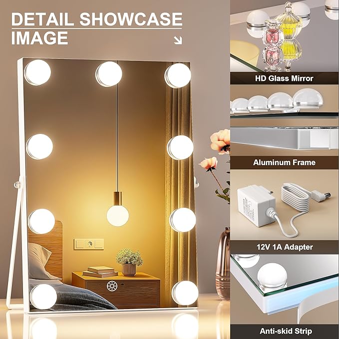 MINISO Vanity Mirror with Lights - 10" x 14" Hollywood Makeup Mirror with Adjustable Brightness,3 Modes Light, 360°Rotation