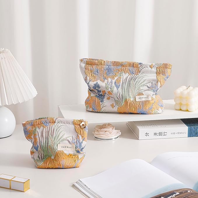 2 Pcs Makeup Bags, Large Cosmetic Bag Travel Toiletry Bag Organizer for Women, Embroidery Craft, Floral Makeup Bag Small Cosmetic Pouch Purse with Zipper Gifts for Girls Teen