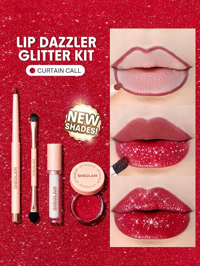 SHEGLAM Lip Dazzler Glitter Kit Long-Lasting Glitter Lip Gloss Sexy Super Stay Non-Sticky Shiny Liquid Kit Lipstick Y2K-Curtain Call