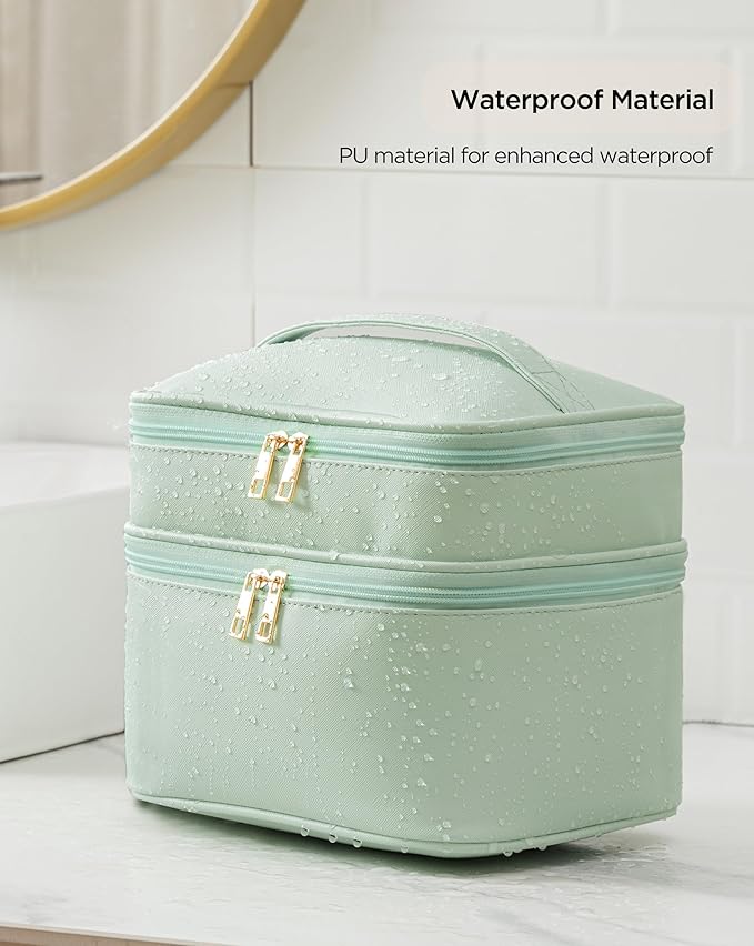 Makeup Bag for Women X-Large Travel Makeup Bag Organizer Portable Toiletry Bag Cute Makeup Bags Waterproof Leather Cosmetic Bag Makeup Case with Removable Dividers, Green