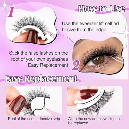wiwoseo Self Adhesive Eyelashes No Glue Needed False Lashes Natural Look Lash Extensions Reuseable Self Adhesive Lashes Wispy Lashes with Tweezer 3 Pairs Pack