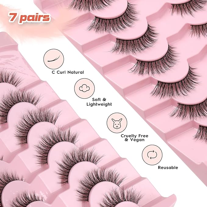 Eyelashes Natural Cat Eye Lashes 16mm Flase Eyelashes Flared Strip Lashes Fluffy False Lashes That Look Like Extensions C Curl Wispy Lashes Siligli Soft Lashes Pack 7 Pair
