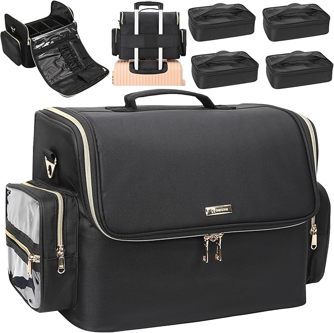 Extra Large Makeup Bag Makeup Artist Bag Professional Cosmetic Bag Travel Organizer Train Case with 4 Small Packet and Adjustable Dividers(Black, Extra Large)