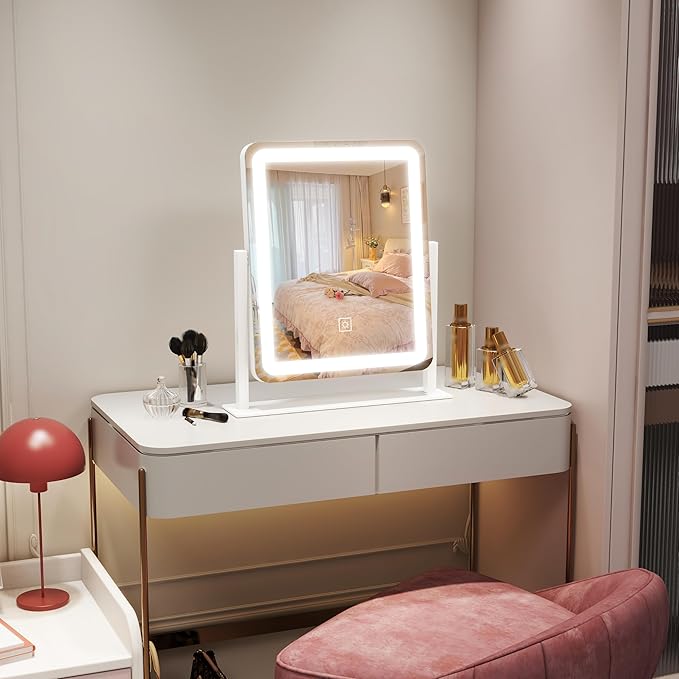 Vanity Mirror with Lights, 12.6"×15" LED Makeup Mirror, Lighted Makeup Mirror with Lights, Smart Touch Control Dimmable 3 Modes Light, Lighted Up Mirror for Makeup Desk, Bedroom, Dressing Room