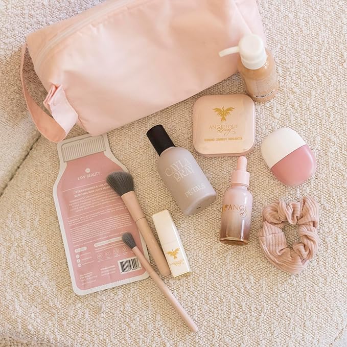 Tiny Twinkle Travel Waterproof Makeup Bag | Travel-Friendly Toiletry Cosmetic Case Organizer with Convenient Carry Handle | Spacious Interior Pouches and Secure Zipper Closure (Rose)