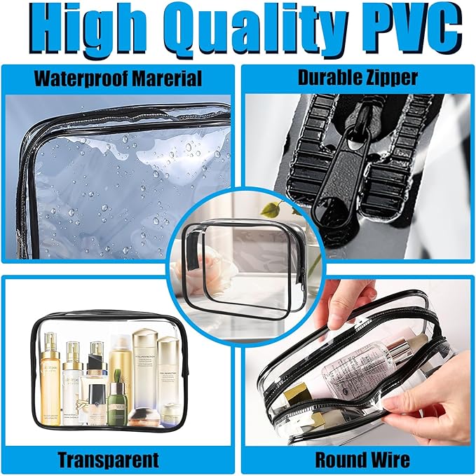 12 Pcs Clear Makeup Bag PVC Waterproof Zippered Clear Cosmetic Toiletry Makeup Carry Pouch for Women Men Vinyl Plastic Organizer Case for Vacation Bathroom (Small, Black)