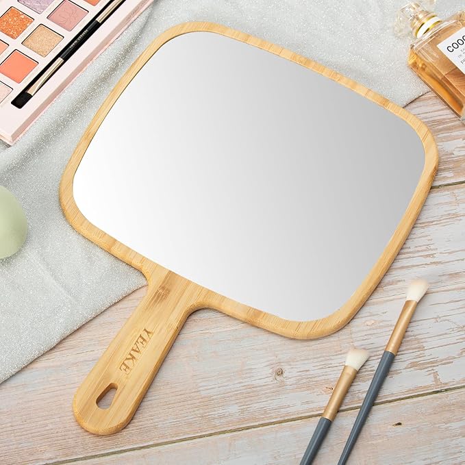 YEAKE Hand Mirror,Extra Large Natural Bamboo Handheld Mirror with Handle, Single-Sided Portable Travel Vanity Mirror for Men & Women,8.9" W x 12.4" L