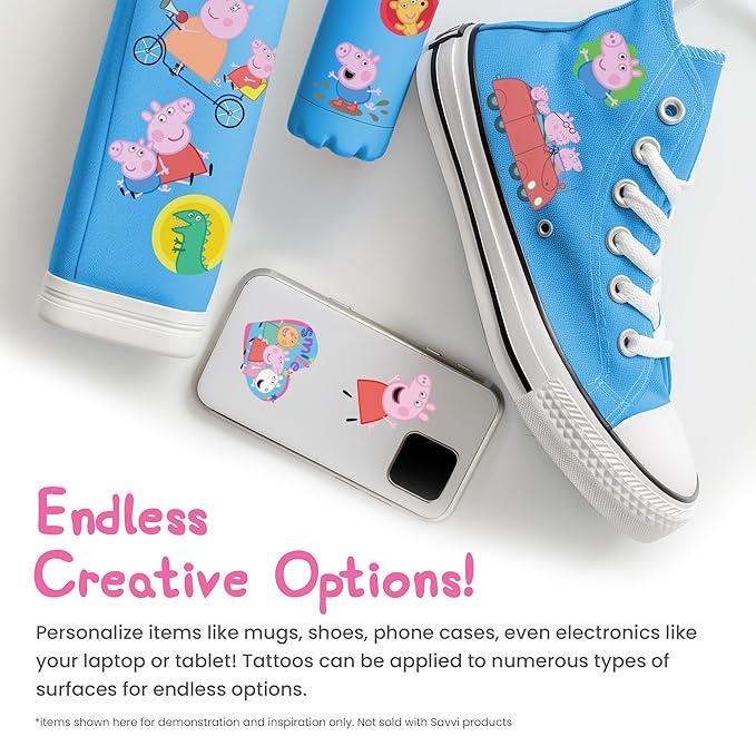 Savvi - 50 Peppa Pig Temporary Tattoos: Skin-Safe Ink, Great for Birthday Parties, Gifts for Boys and Girls Ages 4-12+, Made in the USA [6 sheets, 50 count]