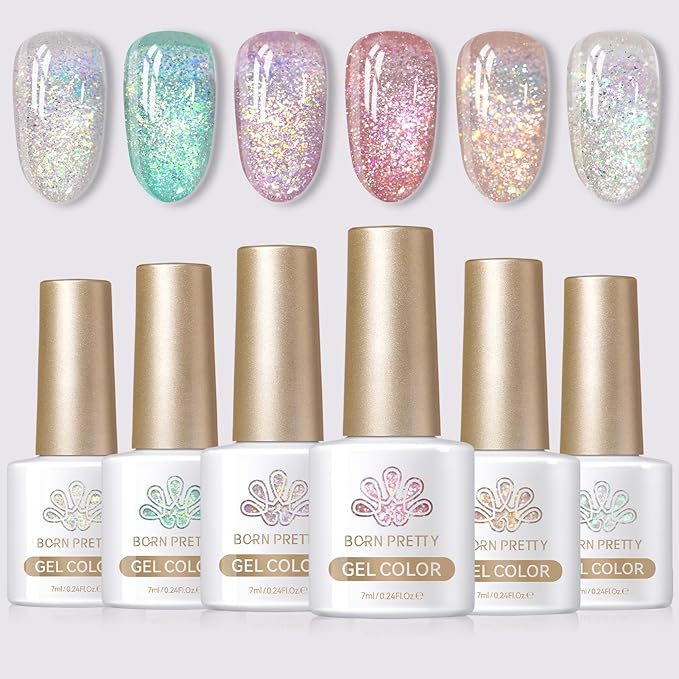 Born Pretty Reflective Glitter Gel Nail Polish, 6 Spring Light Colors Holographic Gel Polish Long Lasting Sparkly Shiny Nail Polish U V Set for Manicure and Nail Art, DIY at Home, Salon-Quality 7ml