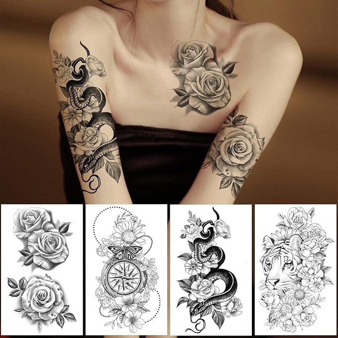 Yazhiji 49 sheets large sexy flowers collection waterproof temporary tattoos lasting fake tattoos for women and girls.