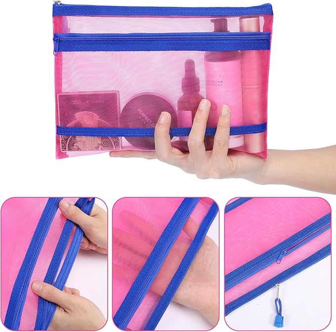 12 Pieces Zipper Nylon Mesh Pouch, Mesh Cosmetic Bags Makeup Bags Pencil Case, Multipurpose Travel Bags for Cosmetic School Office Supplies and Travel Accessories (2 Layers-Hot Pink, A5)