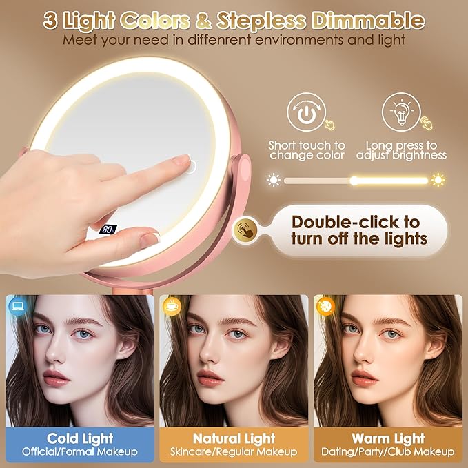 MIYADIVA Makeup Mirror with Lights, 30X/1X Magnifying Mirror with Digital Display, Height Adjustable Tabletop Mirrors, Detachable for Travel, Vanity Mirrors with Phone Holders, Rose Gold