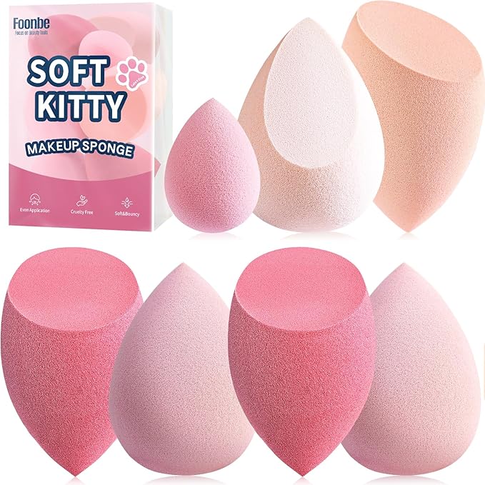 Makeup Sponge Set Foonbe Blender Sponges 7 Pcs for Liquid, Cream, and Powder, Latex Free, Multi colored Beauty Sponges with 1 Mini Sponge, Vegan & Cruelty-Free