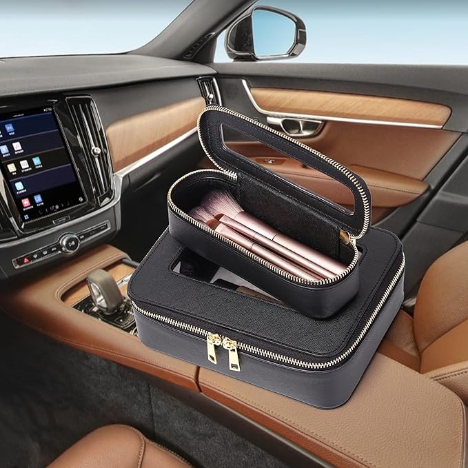 Pinkmik Travel Clear Makeup Bag with Brush Bag Portable Cosmetic Bag Case Transparent Toiletry Bag Cosmetic Organizer Storage Bag for Women (Black, L+SLIM)