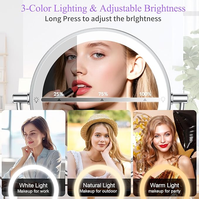 Wall Mounted Makeup Mirror with Lights, 30X/1X Double-Sided Magnifying, Plug-in Lighted Vanity Mirror with 3 Color Modes, Dimmable Brightness, 360° Swivel Extendable Arm for Bathroom & Grooming