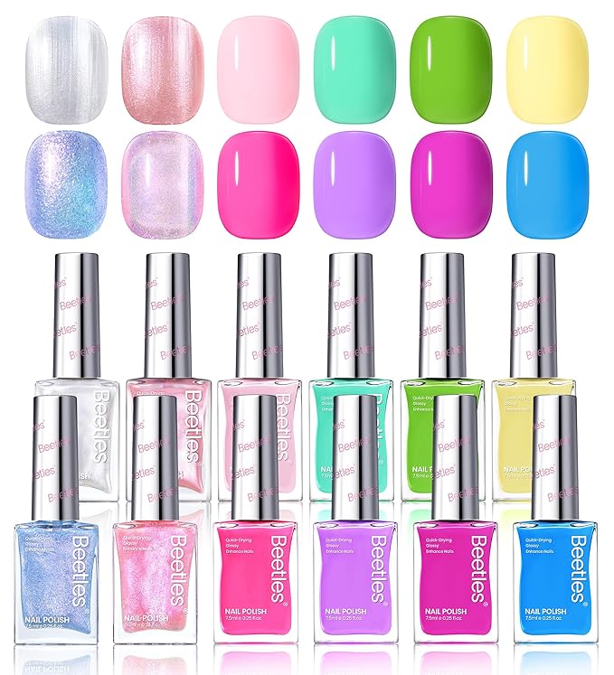 Beetles Nail Polish Set 12 Colors Neon Hot Pink Green Blue Yellow Purple Quick Dry Nail Polish Kit Air Dry Fingernail Pastel Nail Lacquer DIY Travel Home