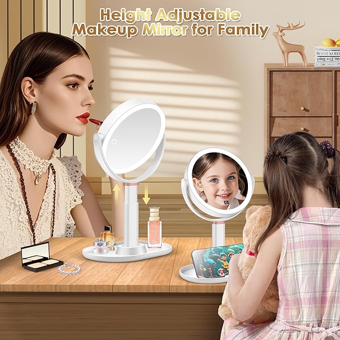 MIYADIVA Makeup Mirror with Lights, 30X/1X Magnifying Mirror with Digital Display, Height Adjustable Desk Mirror, Detachable for Travel, Vanity Mirror with Phone Holders and Tweezers, Gifts for Women