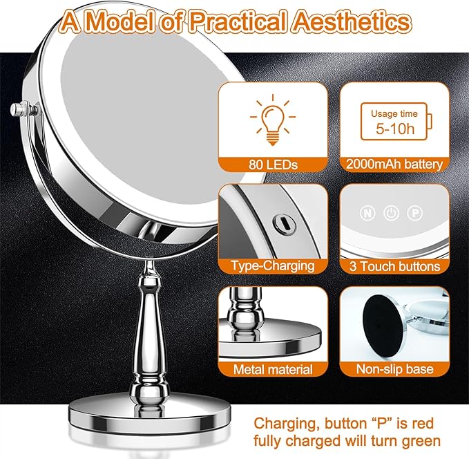 Makeup Mirror with Lights, 9 Inch 20X Magnifying Mirror with Light and 3 Colors for Women, Vanity Mirror with Lights and Adjustable Brightness, Lighted Magnified Mirrors for Delicate Makeup