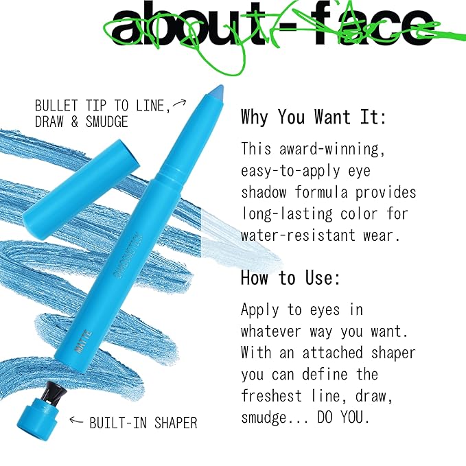 about-face Shadowstick – Long-Wear Cream Eyeshadow Stick – Matte & Pearly Finishes – Vegan, Cruelty-Free, Clean Beauty – 0.049 oz (Creature- Matte Blue)