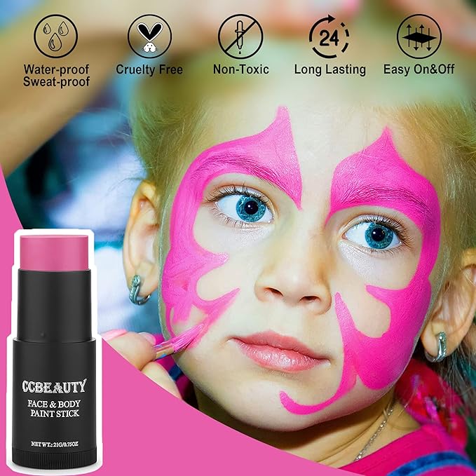 CCbeauty Hot Pink Face Paint Stick, Face Painting Kit, Full Coverage SFX Makeup Foundation, Professional Non-Toxic Body Paint for Halloween Costume Cosplay Party, For Barbie, Panther, Catrina Makeup
