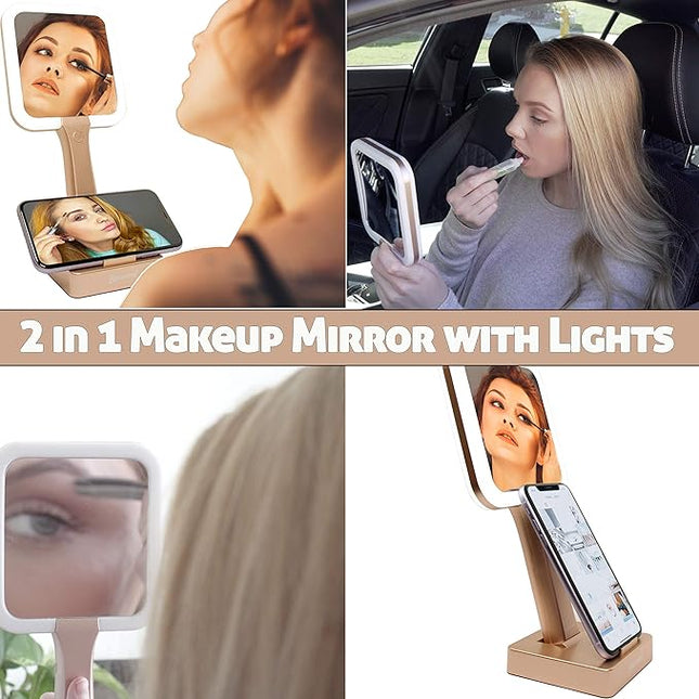 Makeup Mirror with Lights - 2 in 1 Rechargeable LED Lighted Double-Sided Vanity Mirrors with Kickstand, 1X & 5X Magnifying Handheld 3 Color Mirror, Dimmable Cosmetic Portable Bathroom Tabletop Mirror